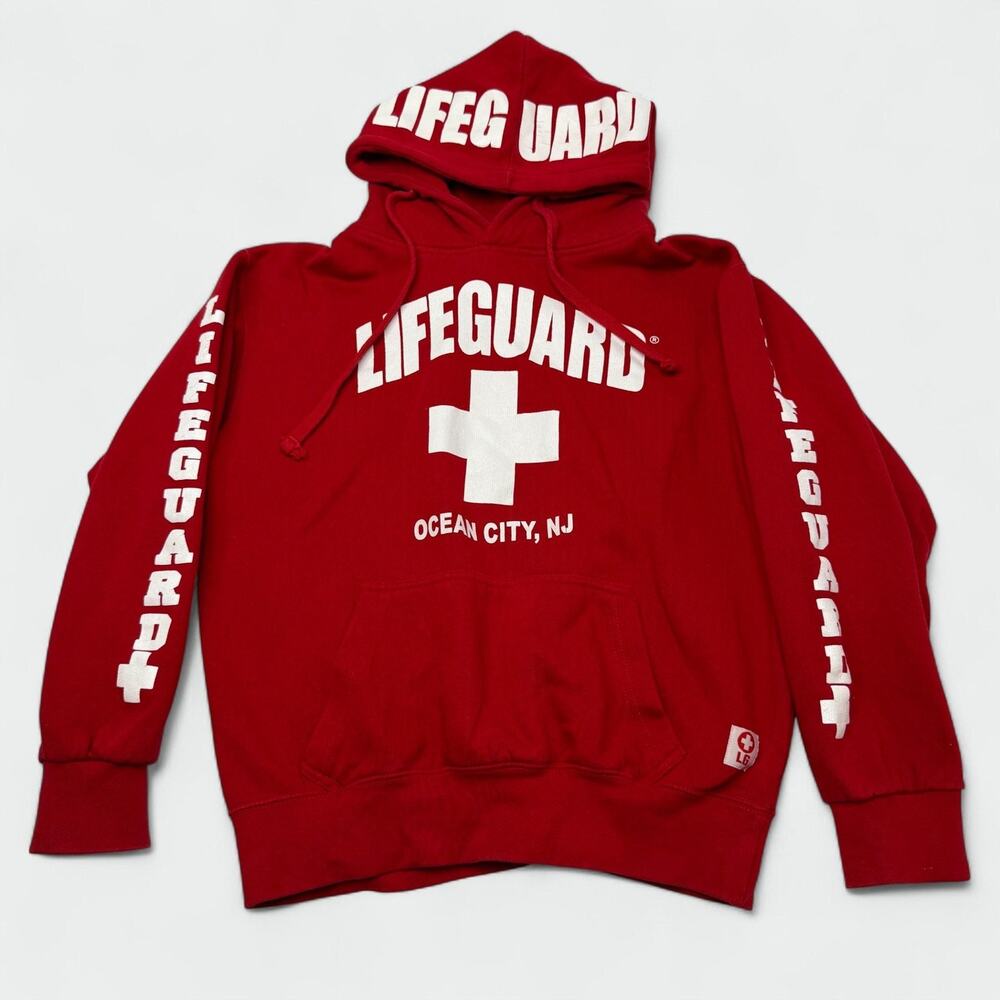 Lifeguard Hoodie Mens Small Red Ocean City NJ Pullover Graphic Fleece Sweatshirt